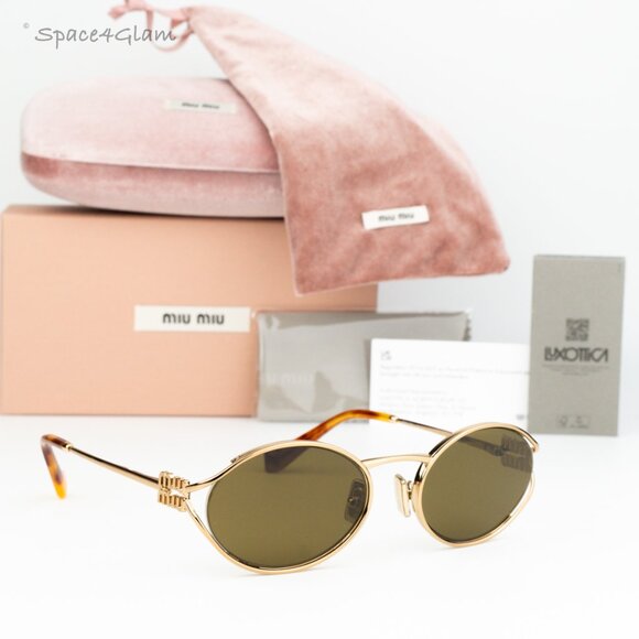 Miu Miu Women Sunglasses Brass Gold Dark Brown Oval MU52YS 7OE01T BRAND NEW main image 6